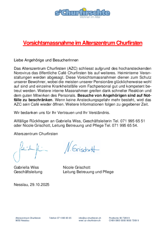 Vorsichtsmassnahme im Alterszentrum Churfirsten